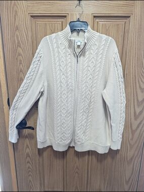 L.L. Bean Cream Cable-Knit Full-Zip Sweater